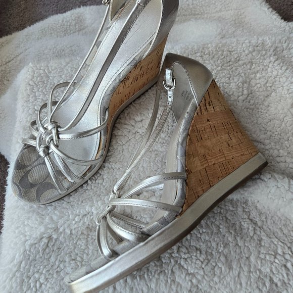 Posh 4.5' Silver COACH Joslin Leather Cork Heel Wedge Sandals - Picture 1 of 6